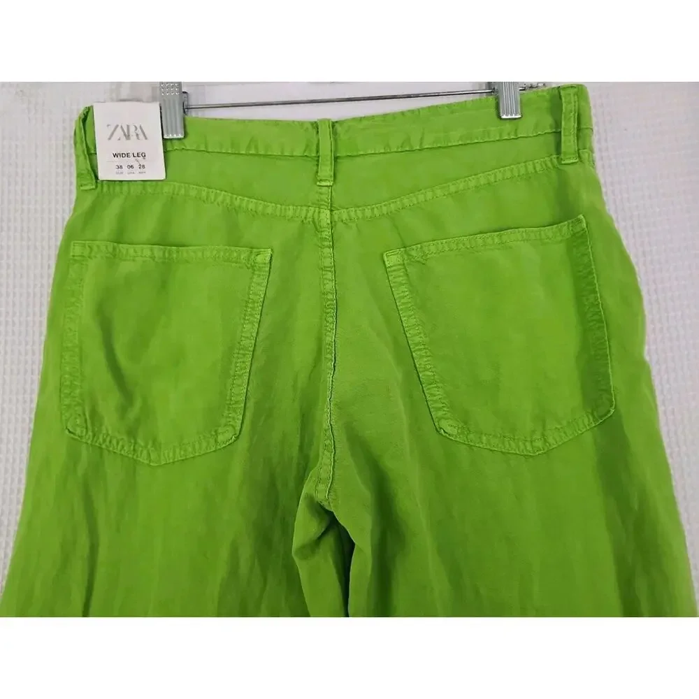 ZARA ~Woman Size 6(US)~ Apple Green Mid-Rise Linen Blend Wide Leg Pants NWT.